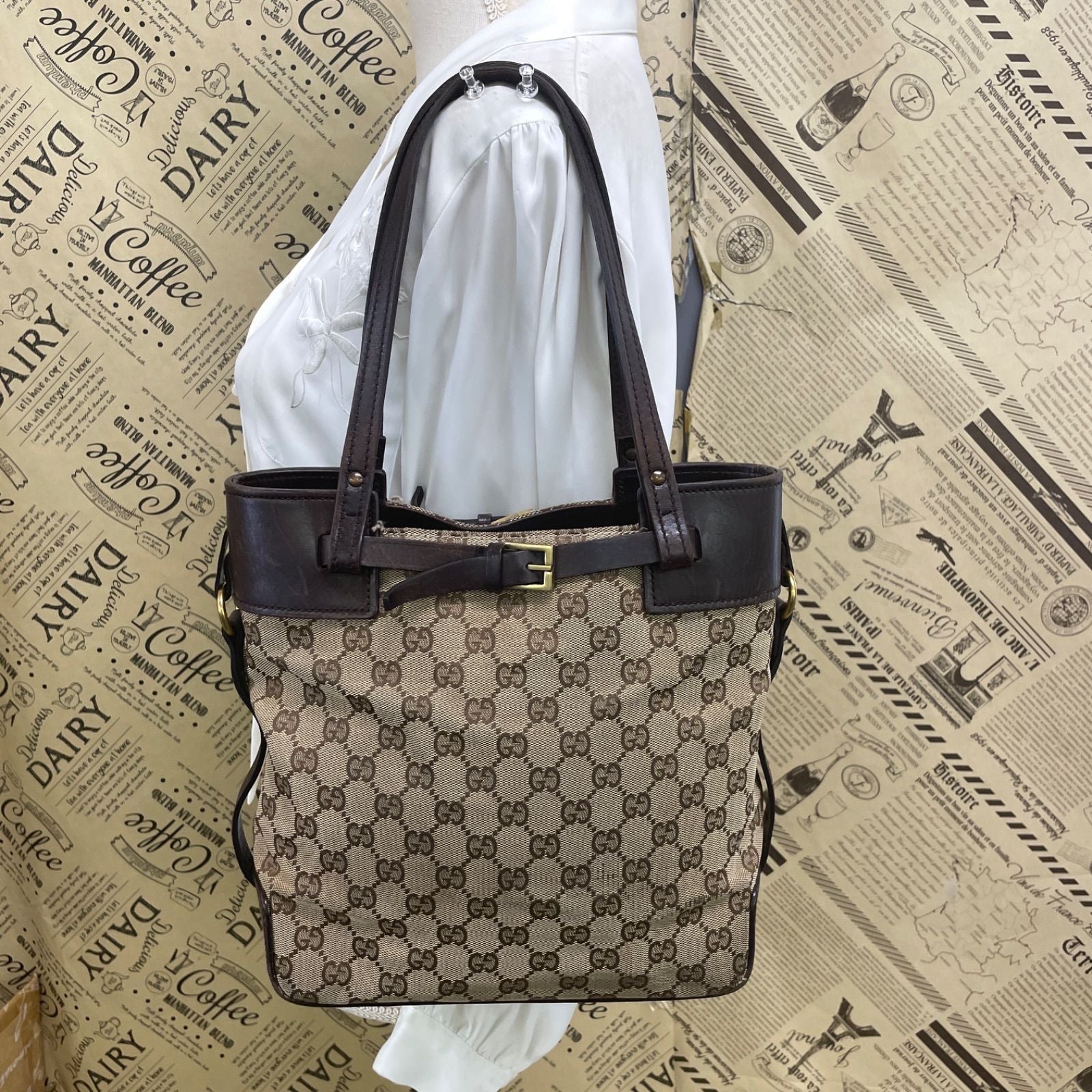 Gucci GG Canvas Tote Bag Leather Detail Brown GH 96