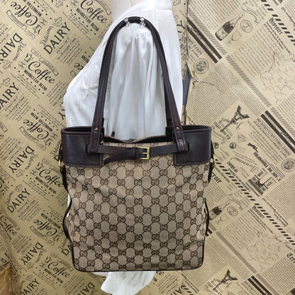 Gucci GG Canvas Tote Bag Leather Detail Brown GH 96