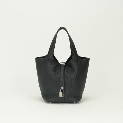 Hermes Picotin Lock PM 18 Tote Bag Taurillon Clemence Noir Black Silver Handle