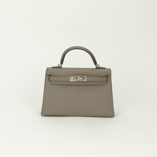 Hermes Mini Kelly 2 20 Tote Shoulder Bag Epsom Gray Asphalte Silver Handle