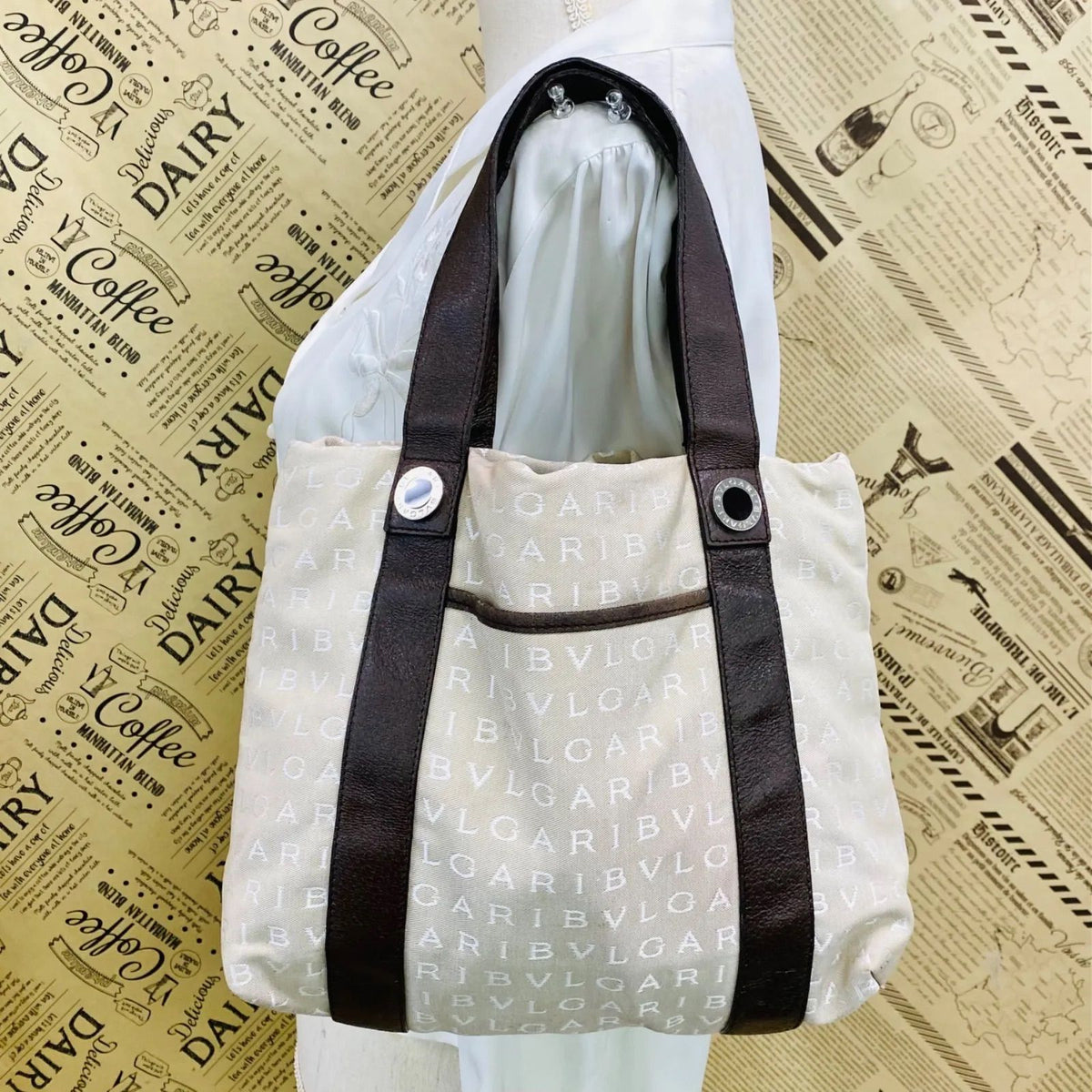 Bvlgari Tote Bag Logo Mania Compact Leather Canvas Brown Beige