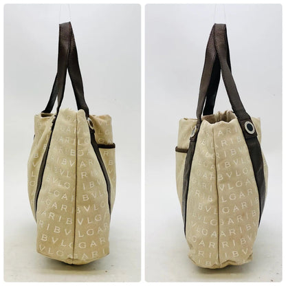 Bvlgari Tote Bag Logo Mania Compact Leather Canvas Brown Beige — view 3