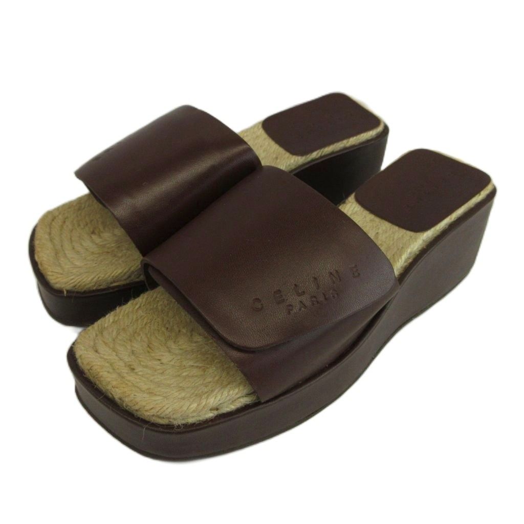 Celine Slide Sandals Leather Espadrilles Platform Strap Logo Brown Beige