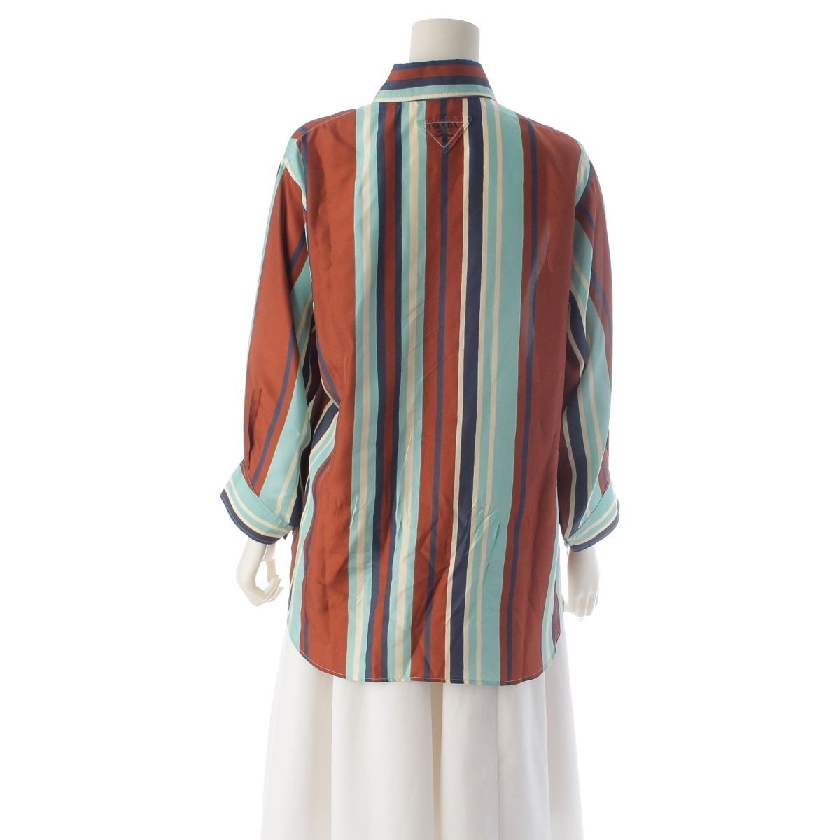 Prada Silk Triangle Motif Stripe Long Sleeve Shirt Top Brown Light Blue 36 — view 4