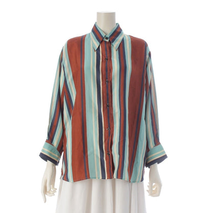 Prada Silk Triangle Motif Stripe Long Sleeve Shirt Top Brown Light Blue 36