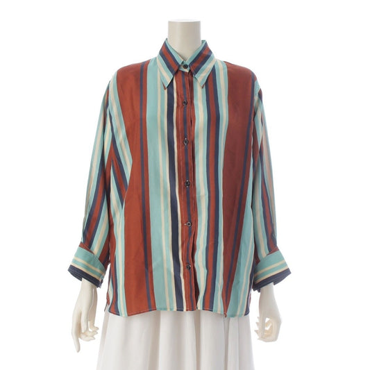 Prada Silk Triangle Motif Stripe Long Sleeve Shirt Top Brown Light Blue 36