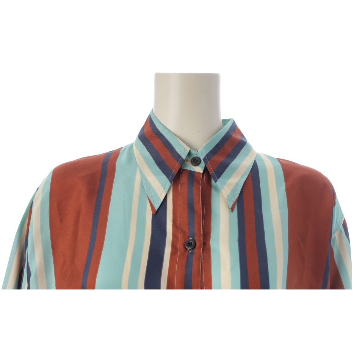 Prada Silk Triangle Motif Stripe Long Sleeve Shirt Top Brown Light Blue 36 — view 5