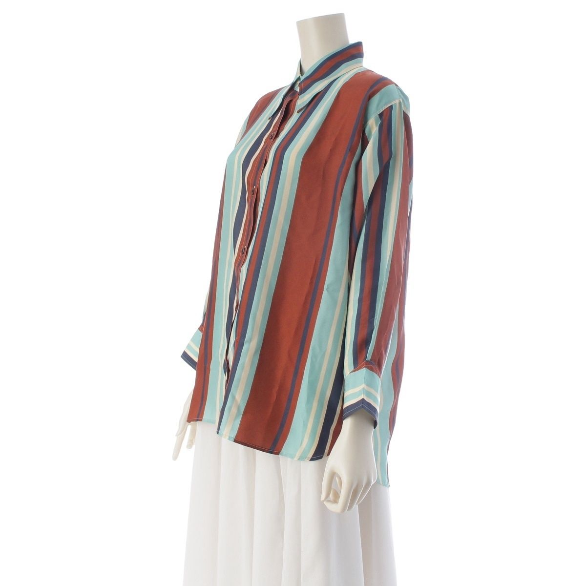 Prada Silk Triangle Motif Stripe Long Sleeve Shirt Top Brown Light Blue 36 — view 2