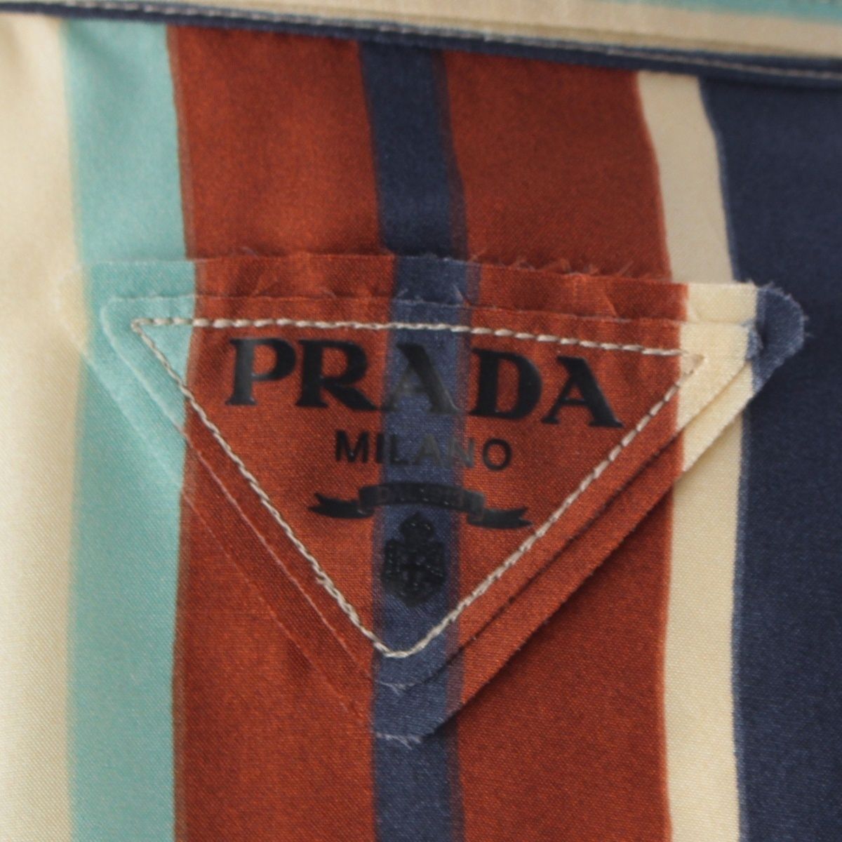 Prada Silk Triangle Motif Stripe Long Sleeve Shirt Top Brown Light Blue 36 — view 7