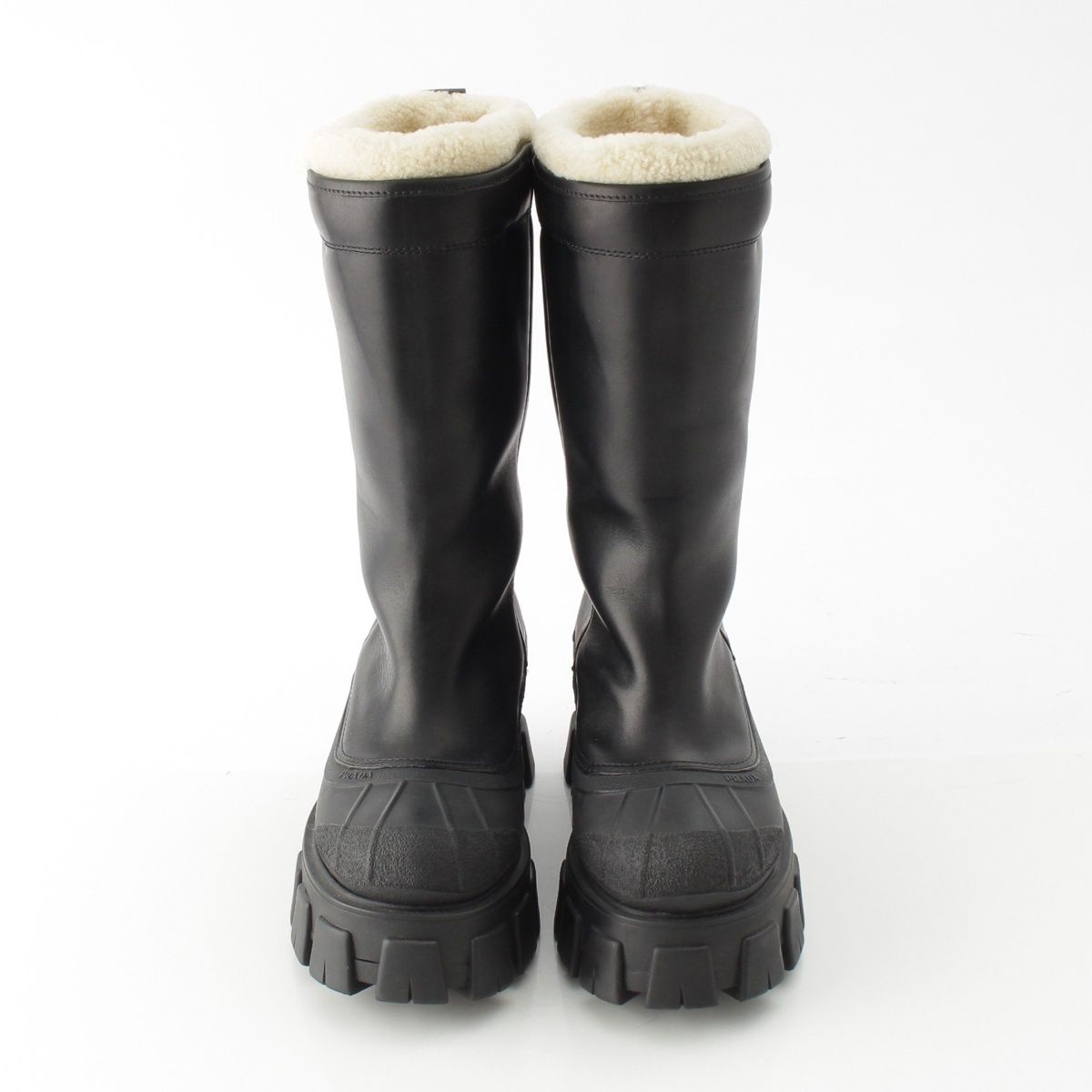 Prada Monolith Shearling Logo Thick Sole Long Boots Black — view 2