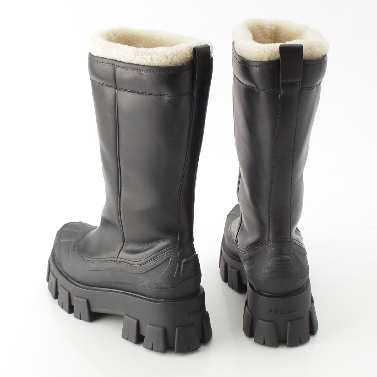 Prada Monolith Shearling Logo Thick Sole Long Boots Black — view 4