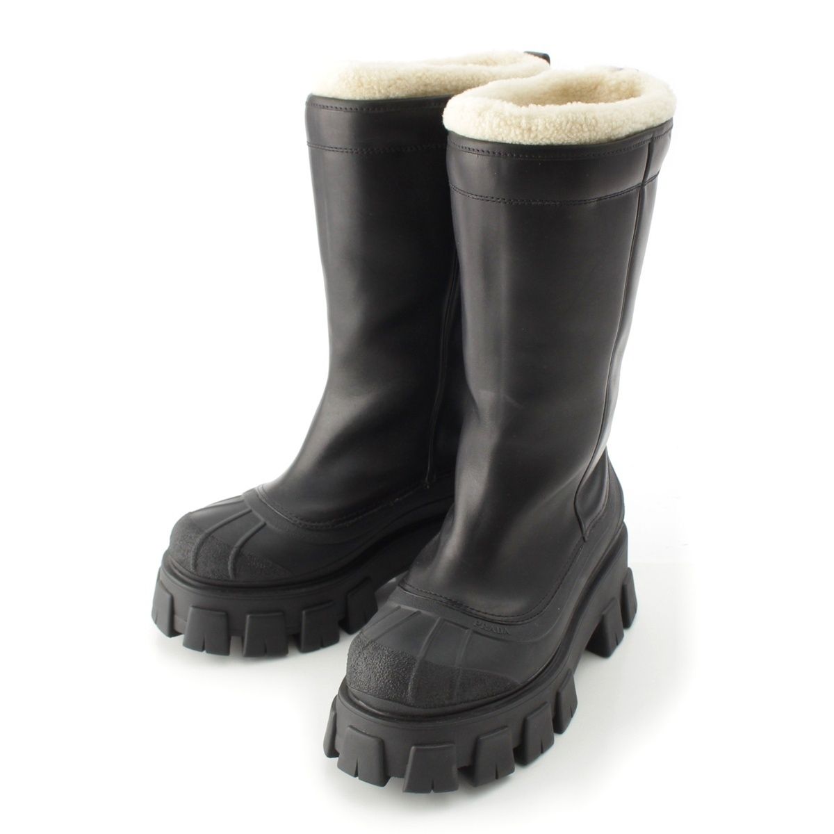 Prada Monolith Shearling Logo Thick Sole Long Boots Black