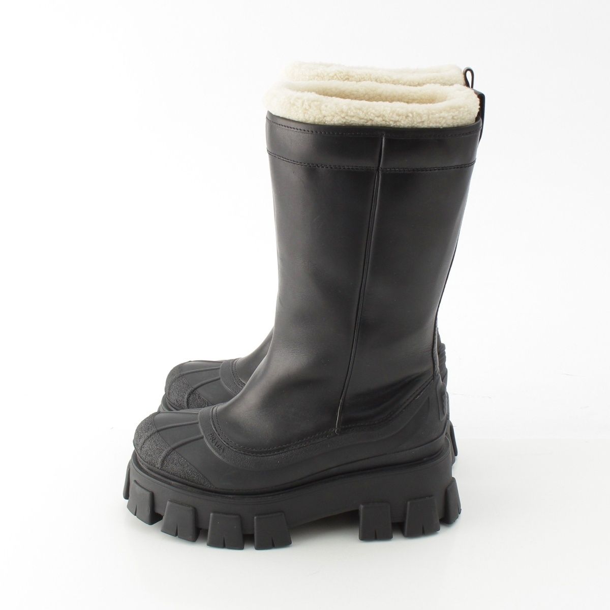 Prada Monolith Shearling Logo Thick Sole Long Boots Black — view 3