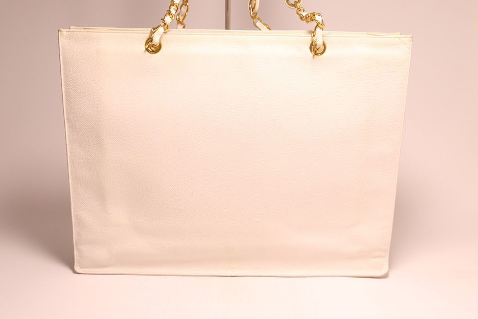 Chanel Caviar Leather Jumbo CC Logo White Chain Tote Bag — view 2