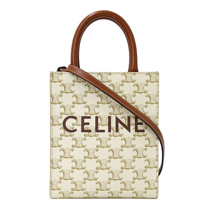 Celine Handle Shoulder Bag 2-Way Triomphe Mini Vertical Cabas White Brown Small