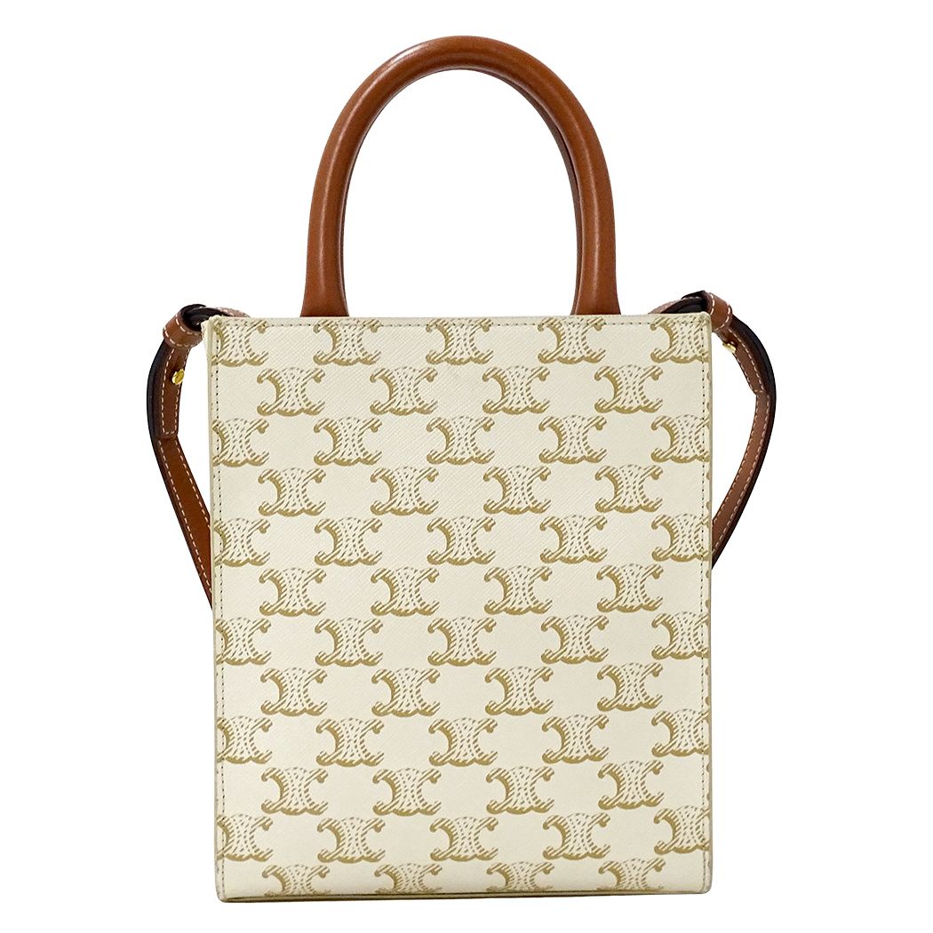 Celine Handle Shoulder Bag 2-Way Triomphe Mini Vertical Cabas White Brown Small — view 2