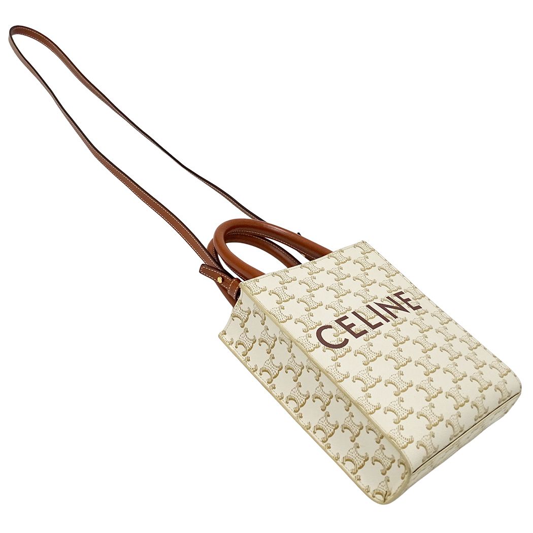 Celine Handle Shoulder Bag 2-Way Triomphe Mini Vertical Cabas White Brown Small — view 4
