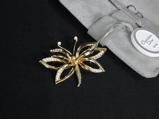Dior Vintage Rhinestone Butterfly Pin Brooch Gold