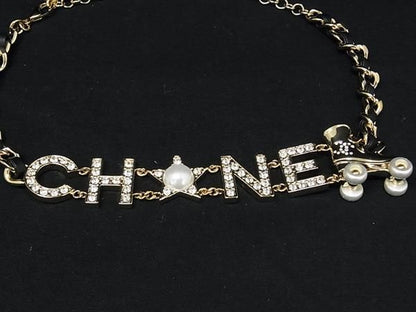 Chanel Logo CC Leather Rhinestone Pearl Roller Skates Necklace Gold — view 2