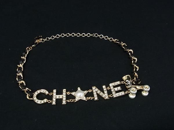 Chanel Logo CC Leather Rhinestone Pearl Roller Skates Necklace Gold