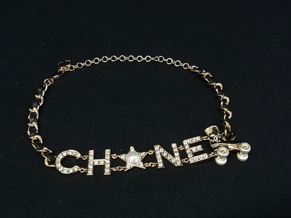 Chanel Logo CC Leather Rhinestone Pearl Roller Skates Necklace Gold