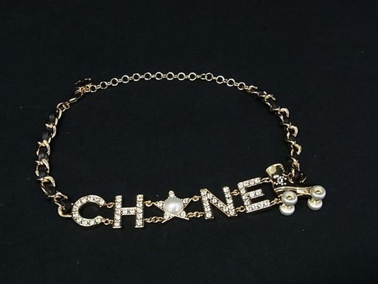Chanel Logo CC Leather Rhinestone Pearl Roller Skates Necklace Gold