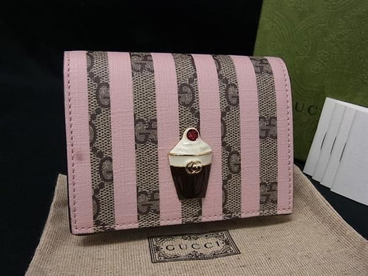 Gucci GG Supreme Pattern Ice Cream Bifold Wallet Billfold Coin Purse Pink