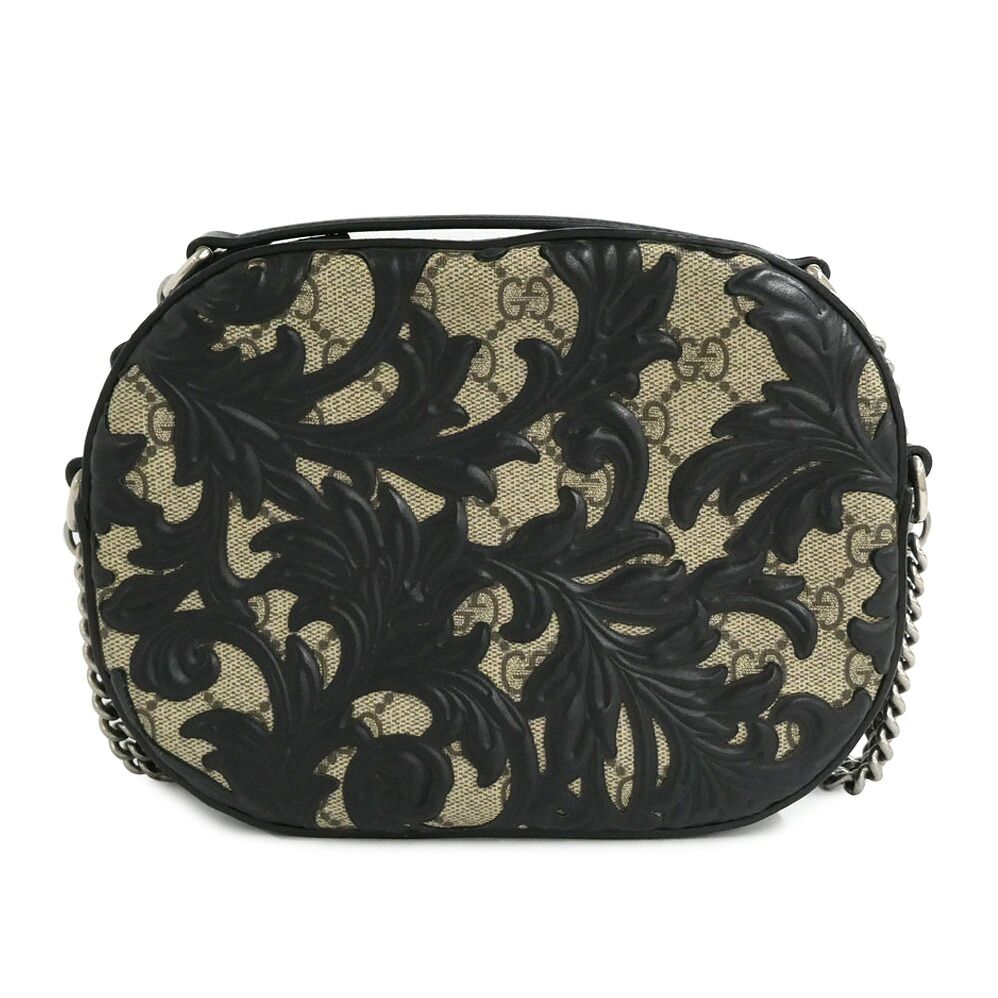 Gucci Arabesque GG Supreme Chain Shoulder Bag Beige Black Canvas Leather