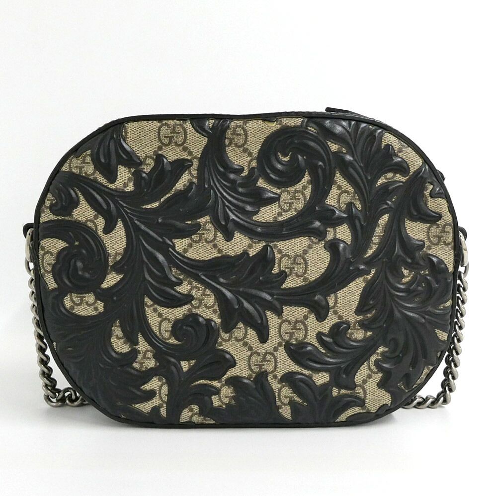 Gucci Arabesque GG Supreme Chain Shoulder Bag Beige Black Canvas Leather — view 2