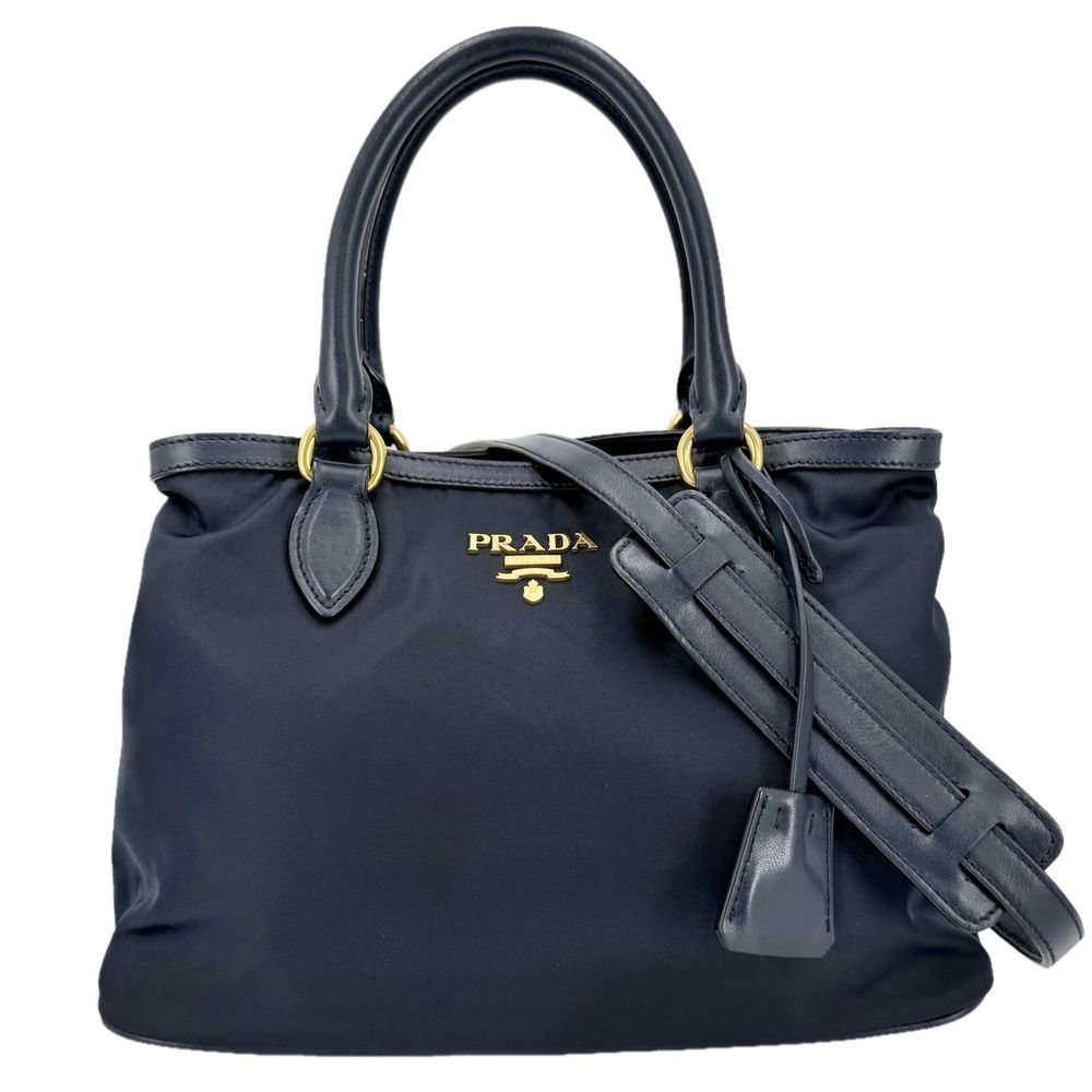 Prada 2-Way Shoulder Bag Handle Nylon Leather Navy Gold