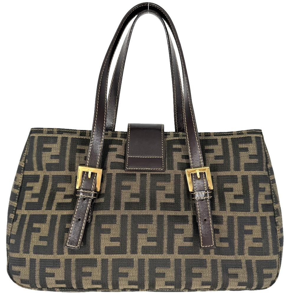 Fendi Tote Zucca Handle Shoulder Bag Canvas Leather Brown Gold — view 2