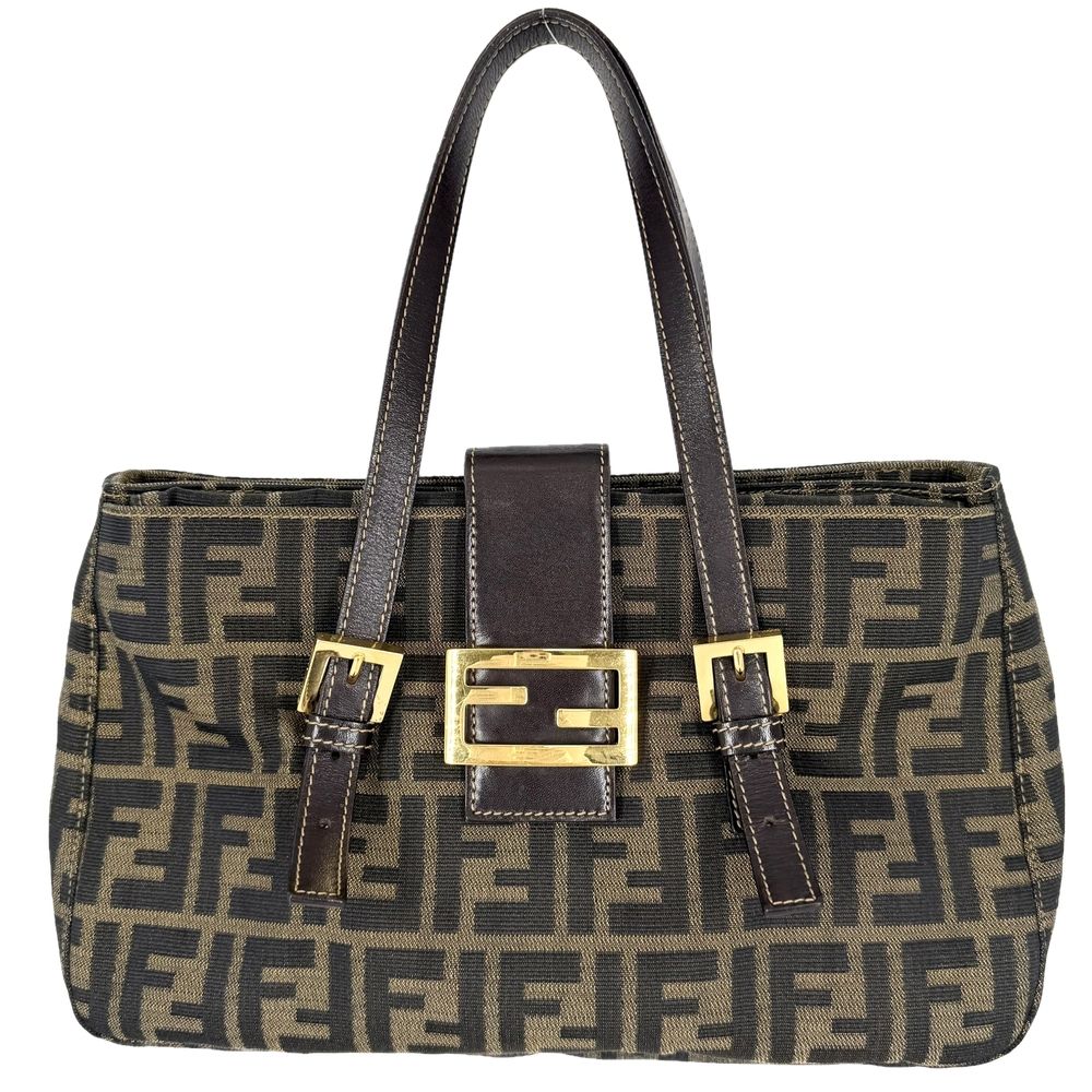 Fendi Tote Zucca Handle Shoulder Bag Canvas Leather Brown Gold