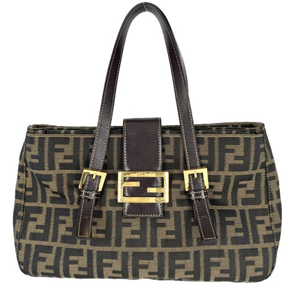 Fendi Tote Zucca Handle Shoulder Bag Canvas Leather Brown Gold