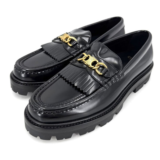 Celine Loafers Margaret Triomphe Shoes Fringe Leather Black Gold