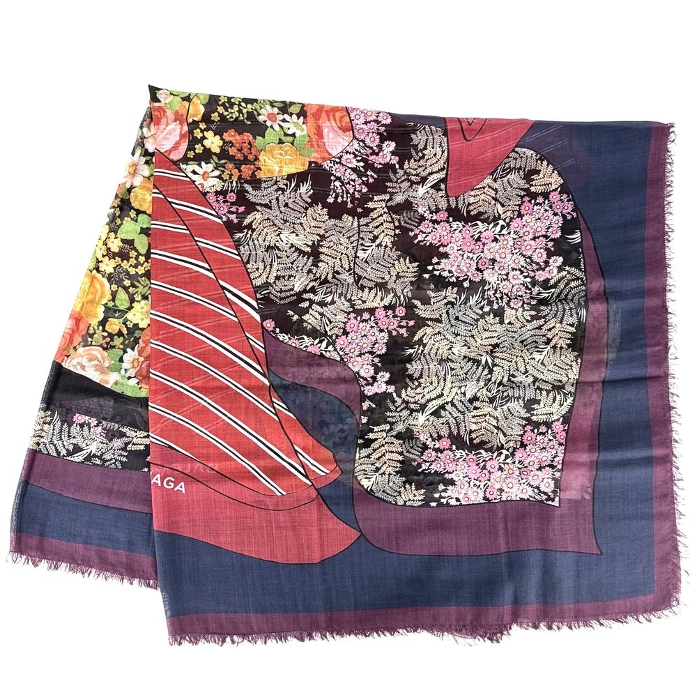 Balenciaga Scarf Floral Pattern Large Wool Silk Bordeaux Multicolor