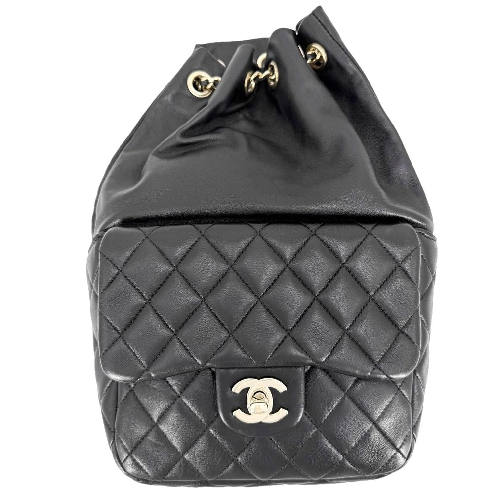 Chanel Backpack CC Logo Quilted Drawstring Leather Black Gold