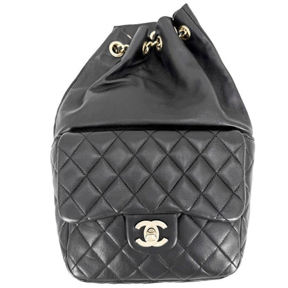 Chanel Backpack CC Logo Quilted Drawstring Leather Black Gold