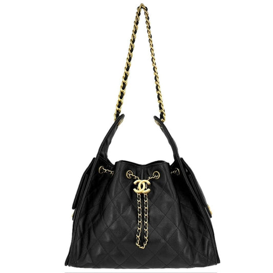 Chanel Shoulder Bag 25 Small Handle Chain CC Logo Caviar Leather Black Gold