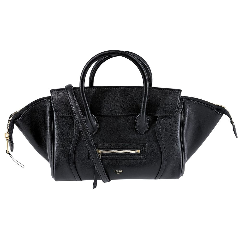 Celine 2-Way Little Luggage Handle Shoulder Bag Crossbody Leather Black Gold