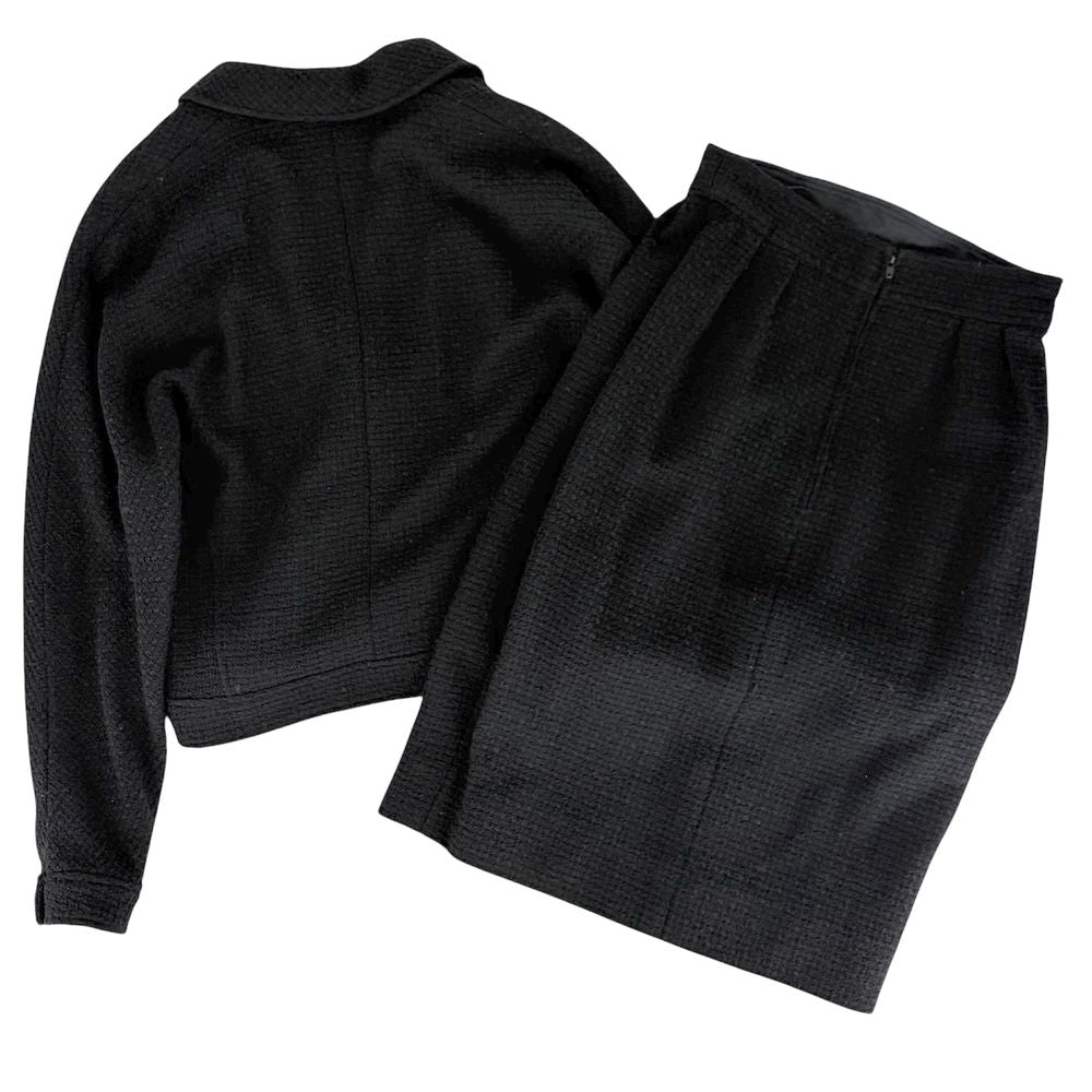 Chanel Set Mademoiselle Button Jacket Skirt Vintage Black Gold Wool Fall 40 — view 2