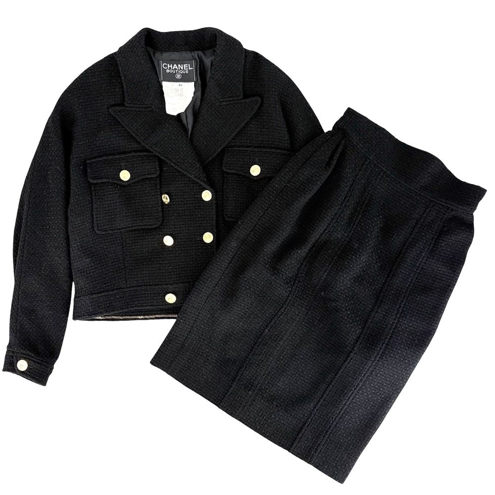 Chanel Set Mademoiselle Button Jacket Skirt Vintage Black Gold Wool Fall 40