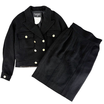 Chanel Set Mademoiselle Button Jacket Skirt Vintage Black Gold Wool Fall 40