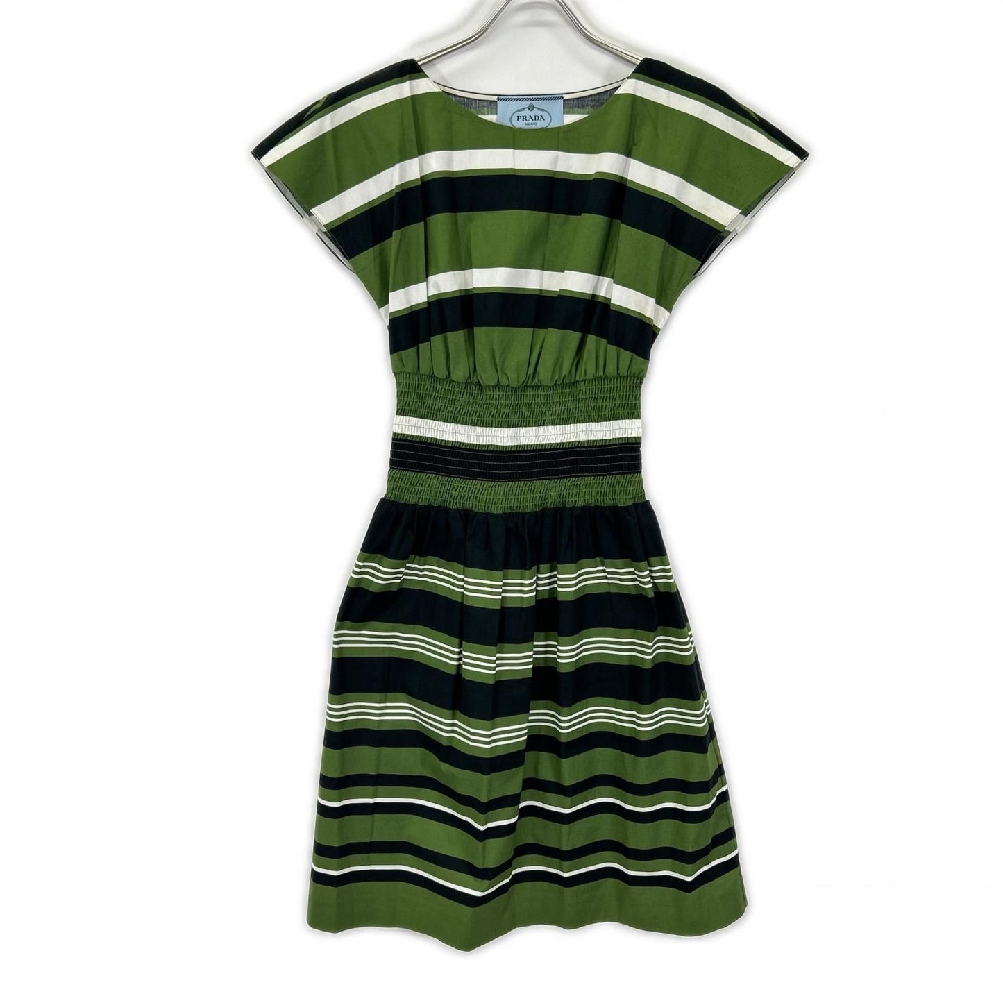 Prada Green Border Waist Togo Flare Sleeve Dress 38