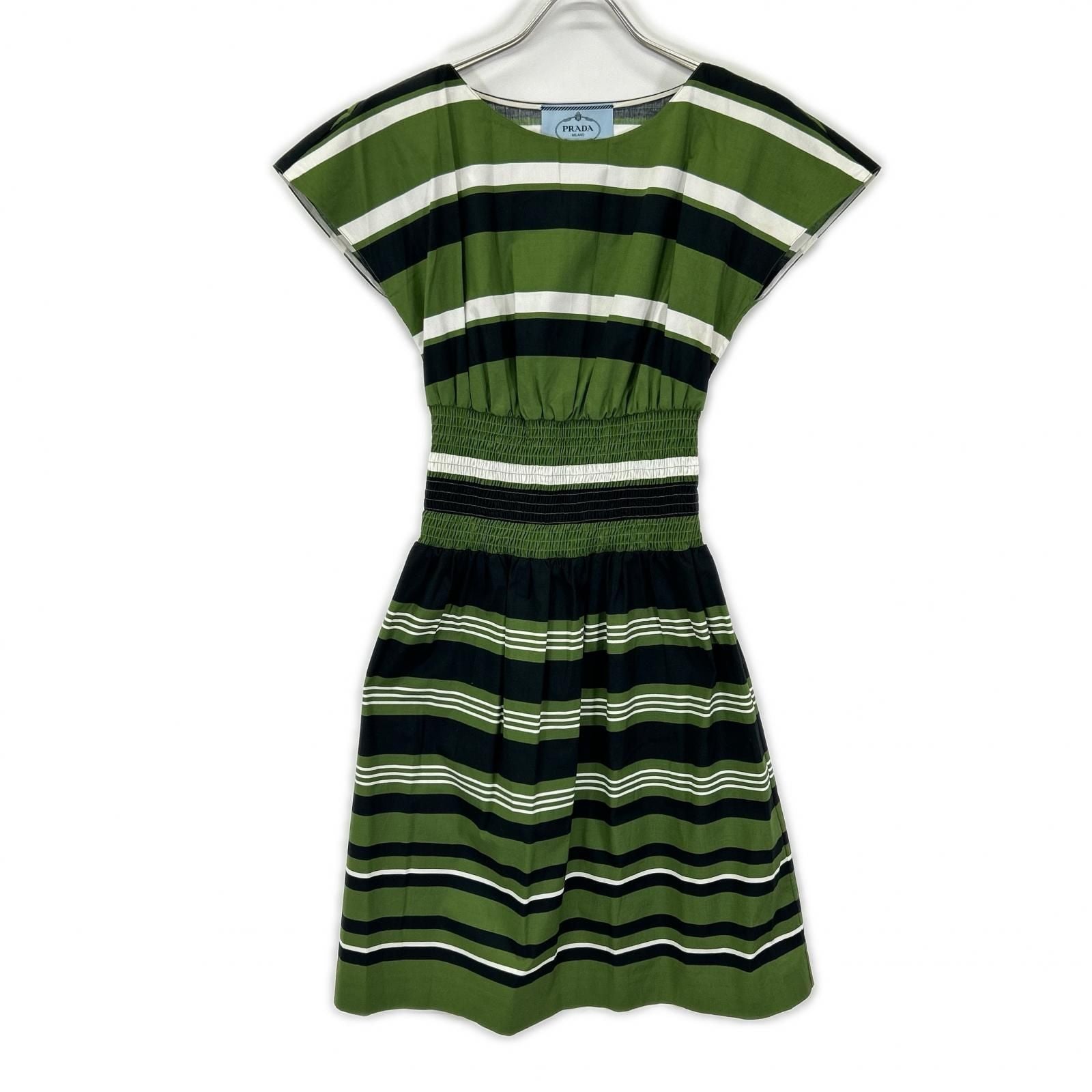 Prada Green Border Waist Togo Flare Sleeve Dress 38