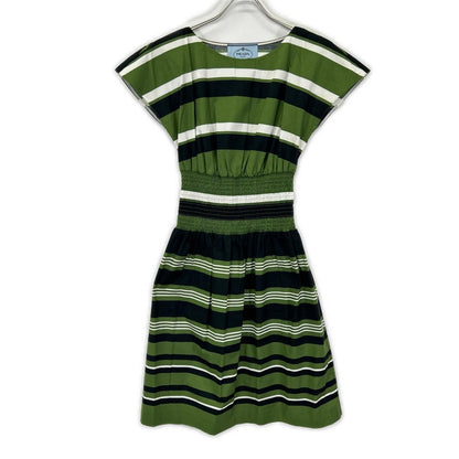 Prada Green Border Waist Togo Flare Sleeve Dress 38
