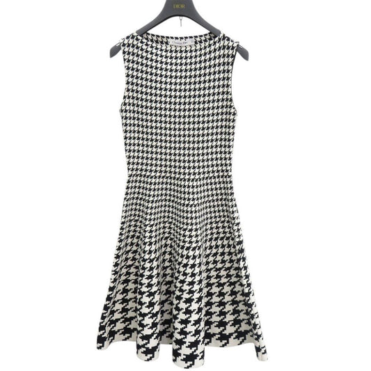 Dior Houndstooth Sleeveless Flare Knit Cotton White Black Dress 36