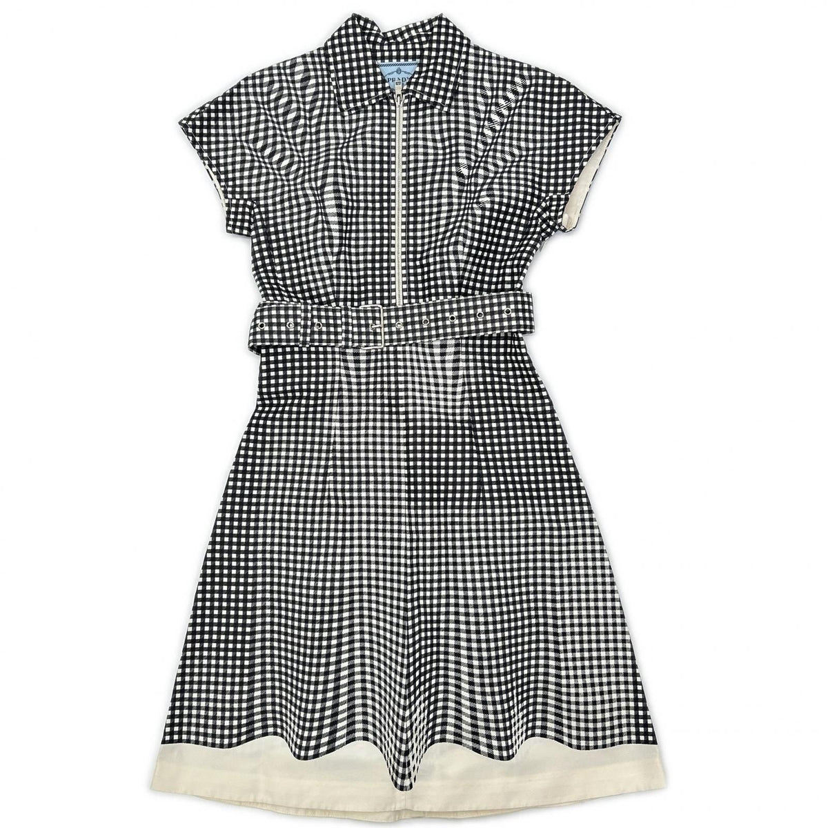 Prada Silk Gingham Check Waist Ribbon Half Zip Dress