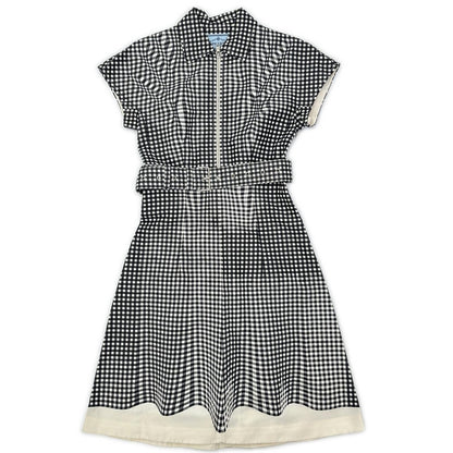 Prada Silk Gingham Check Waist Ribbon Half Zip Dress
