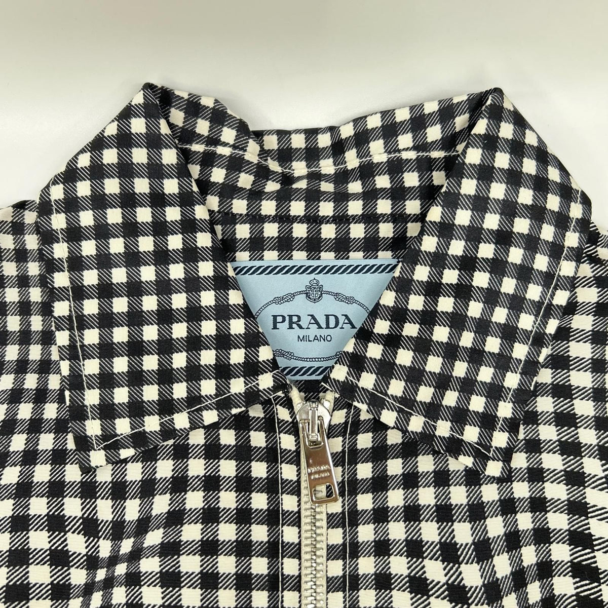 Prada Silk Gingham Check Waist Ribbon Half Zip Dress — view 7