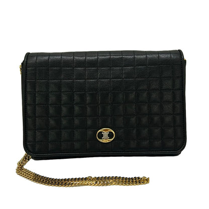 Celine Shoulder Bag Black Chain Quilted Flap Detachable Strap Leather